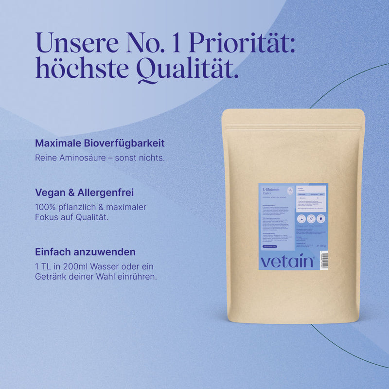 Vetain L-Glutamin Pulver im Standbodenbeutel (500 g) vor blauem Hintergrund. Überschrift „Unsere No. 1 Priorität: höchste Qualität“. Merkmale: maximale Bioverfügbarkeit (reine Aminosäure), vegan & allergenfrei (100 % pflanzlich), einfach anzuwenden (1 TL in 200 ml Wasser einrühren).