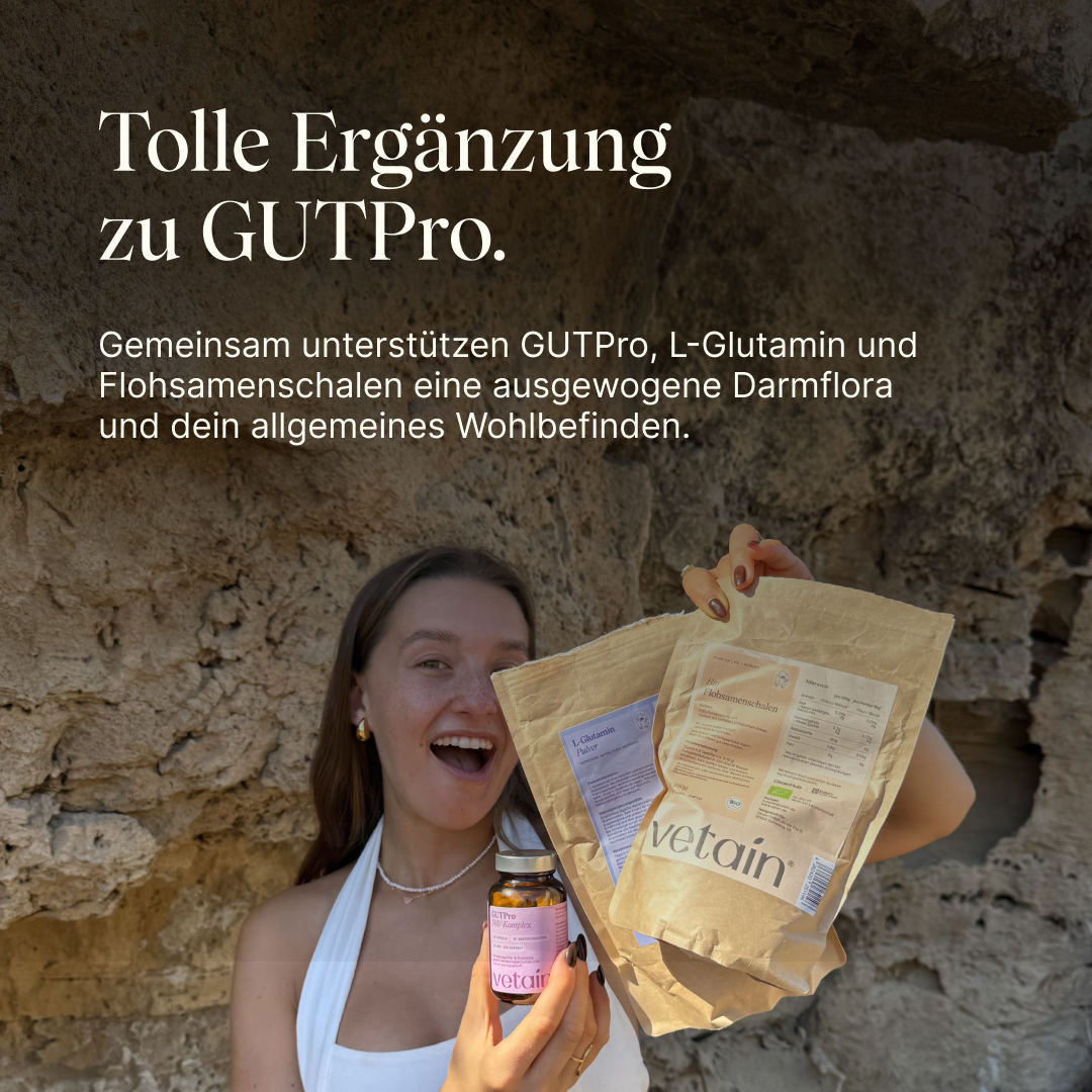 Vetain L-Glutamin als tolle Ergänzung zu GUTPro. Gemeinsam unterstützen GUTPro, L-Glutamin und Flohsamenschalen eine ausgewogene Darmflora und dein allgemeines Wohlbefinden