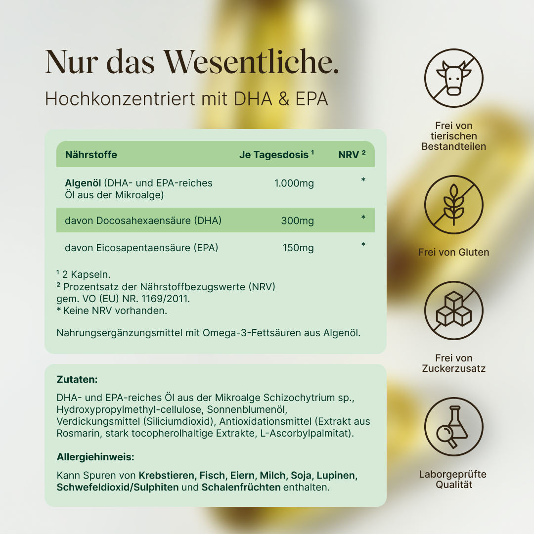 Vetain veganes Omega 3 Algenöl hochkonzentriert mit DHA & EPA. Frei von tierischen Bestandteilen, frei von Gluten, frei von Zuckerzusatz, laborgeprüfte Qualität