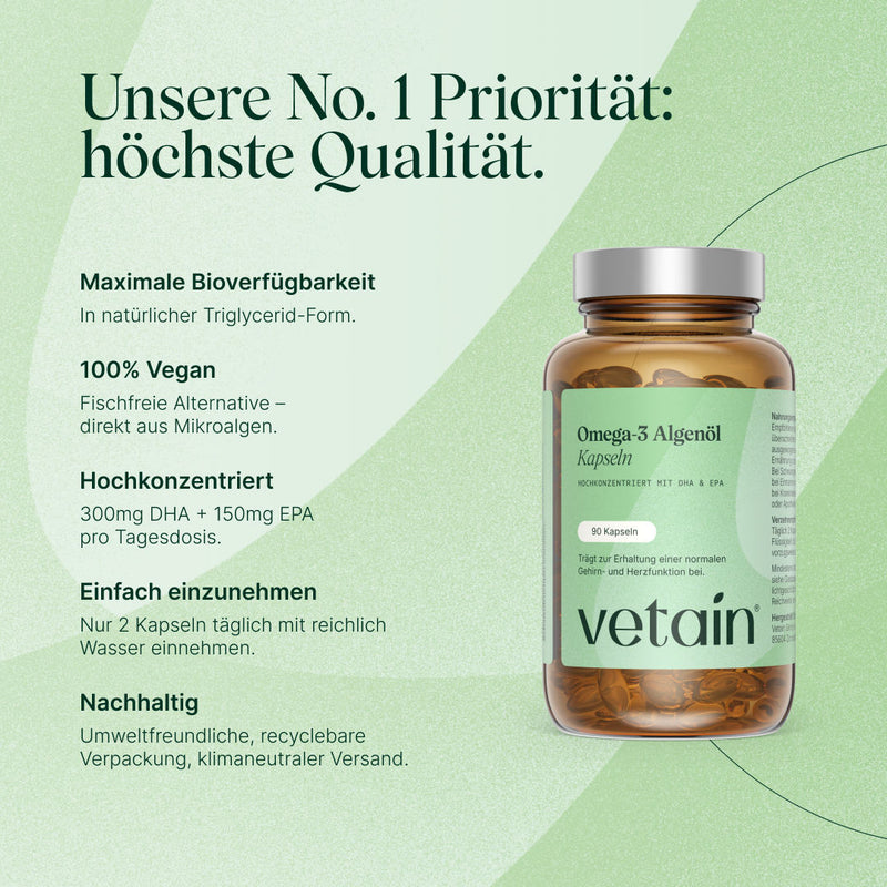 Vetain veganes Omega 3 Algenöl. Maximale Bioverfügbarkeit, 100% vegan, hochkonzentriert, einfach einzunehmen, nachhaltig verpackt