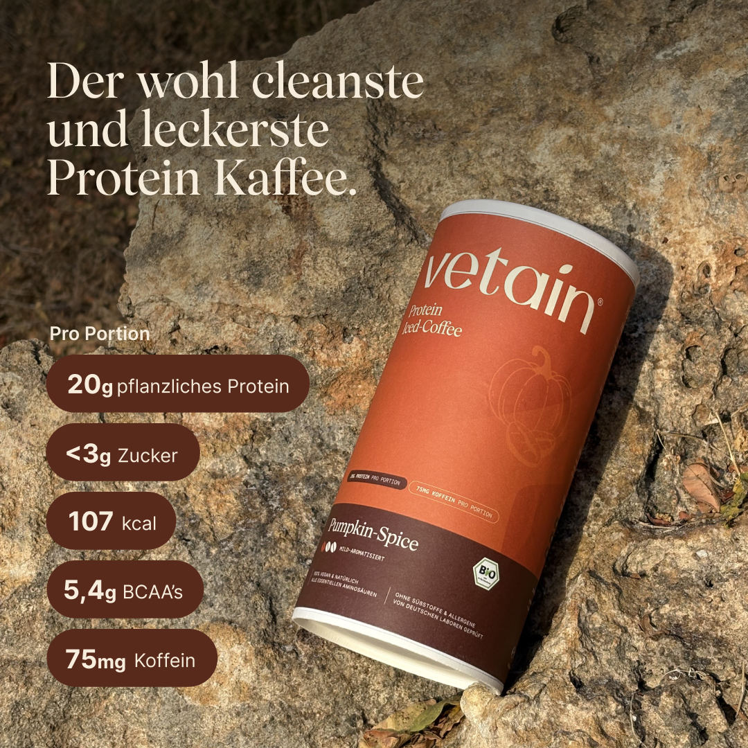 Vetain vegan Protein Iced-Coffee Pumkin-Spice. Der wohl cleanste und leckerste rotein Kaffee. 20g Protein pro Portion