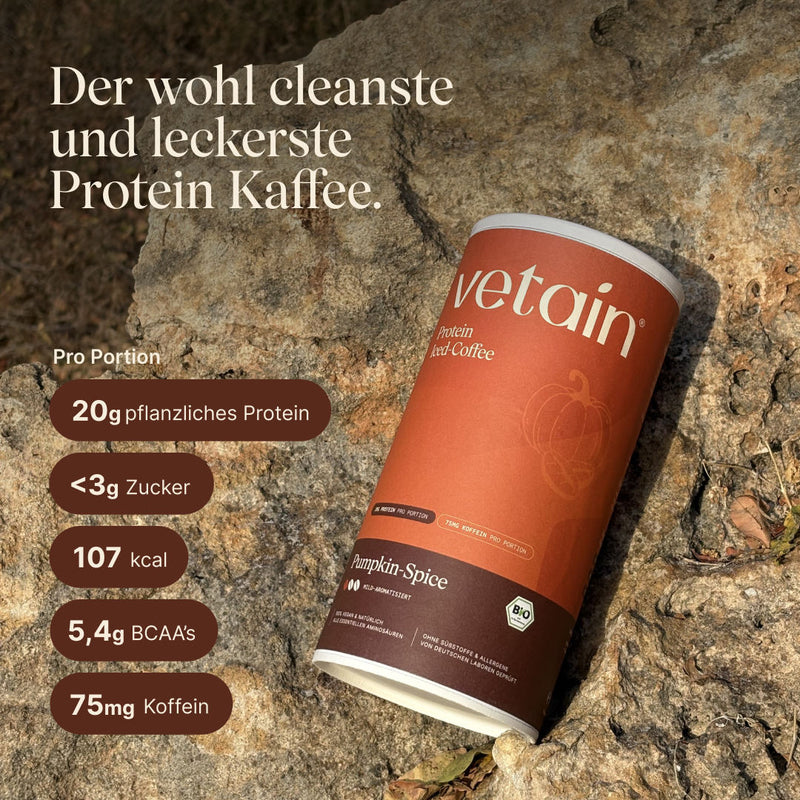 Vetain vegan Protein Iced-Coffee Pumkin-Spice. Der wohl cleanste und leckerste rotein Kaffee. 20g Protein pro Portion