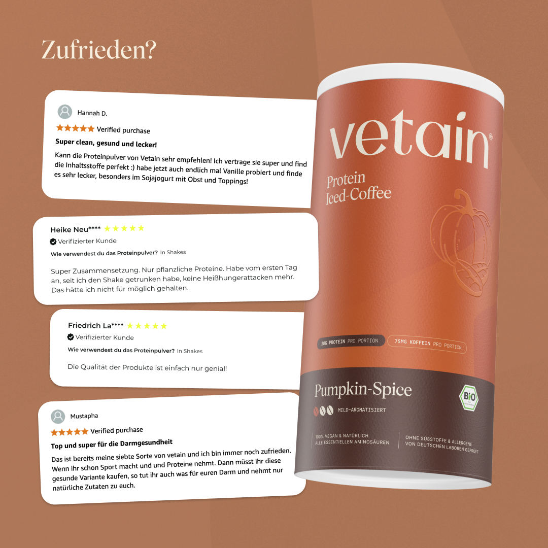 Vetain vegan Protein Iced-Coffee Pumkin-Spice. Glückliche Kund:innenbewertungen