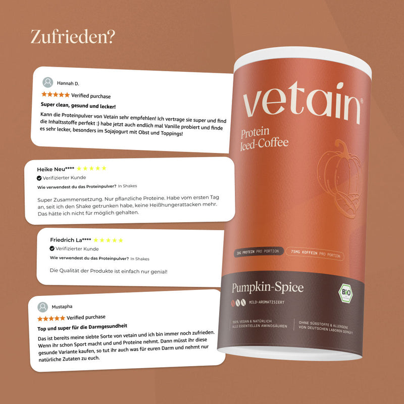 Vetain vegan Protein Iced-Coffee Pumkin-Spice. Glückliche Kund:innenbewertungen