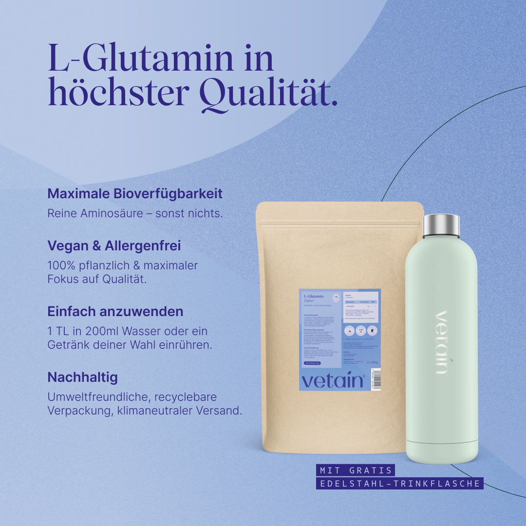 L-Glutamin in höchster Qualität mit maximaler Bioverfügbarkeit, vegan & allergenfrei, einfach anzuwenden und nachhaltig verpackt