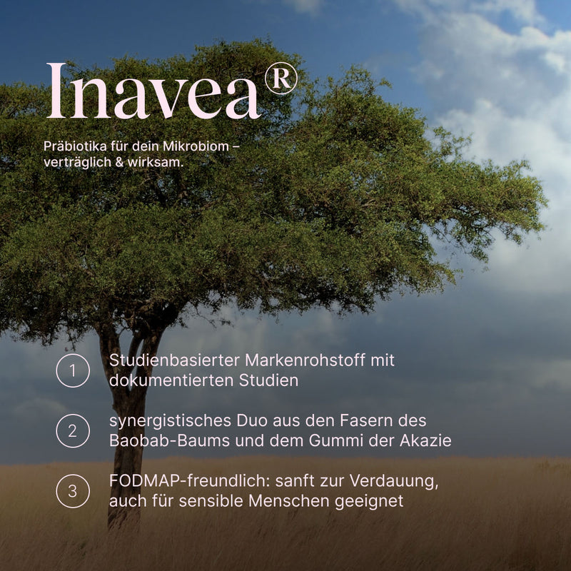 Vetain GUTPro 360°-Komplex von Inavea. Präbiotika für dein Mikrobiom - verträglich & wirksam. Studienbasierter Markenrohstoff mit dokumentierten Studien, synergistisches Duo aus den Fasern des Baobab-Baums und dem Gummi der Akazie, FODMAP-freundlich: sanft zur Verdauung, auch für sensible Menschen geeignet
