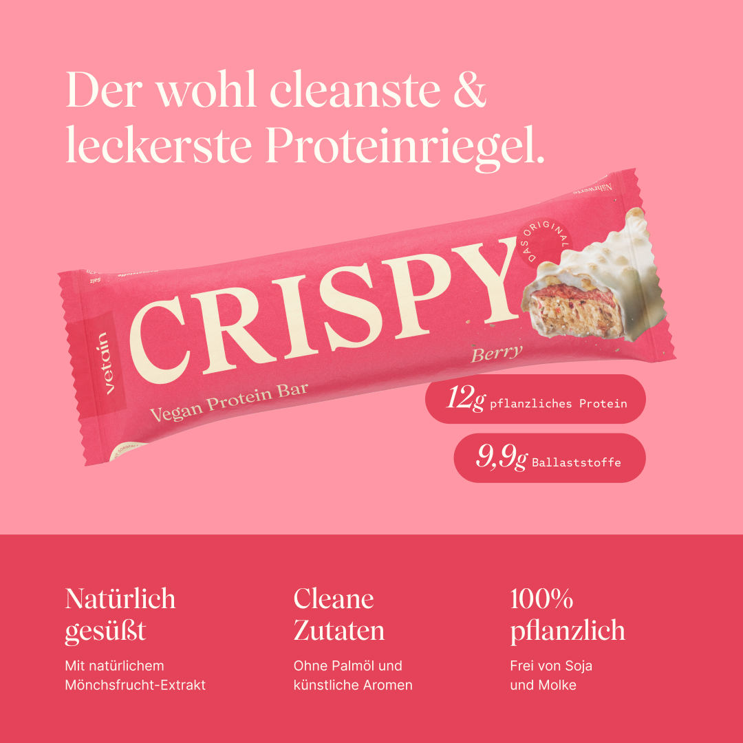 Vetain Crispy Proteinriegel Berry. Der wohl cleanste & leckerste Proteinriegel. 12g pflanzliches Protein, 9,4g Ballaststoffe. Natürlich gesüßt mit natürlichem Mönchsfrucht-Exkrakt, cleane Zutaten ohne Palmöl und künstliche Aromen, 100% pflanzlich und frei von Soja und Molke