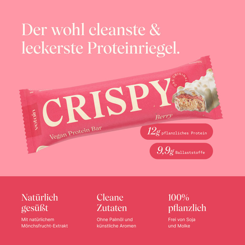 Vetain Crispy Proteinriegel Berry. Der wohl cleanste & leckerste Proteinriegel. 12g pflanzliches Protein, 9,4g Ballaststoffe. Natürlich gesüßt mit natürlichem Mönchsfrucht-Exkrakt, cleane Zutaten ohne Palmöl und künstliche Aromen, 100% pflanzlich und frei von Soja und Molke