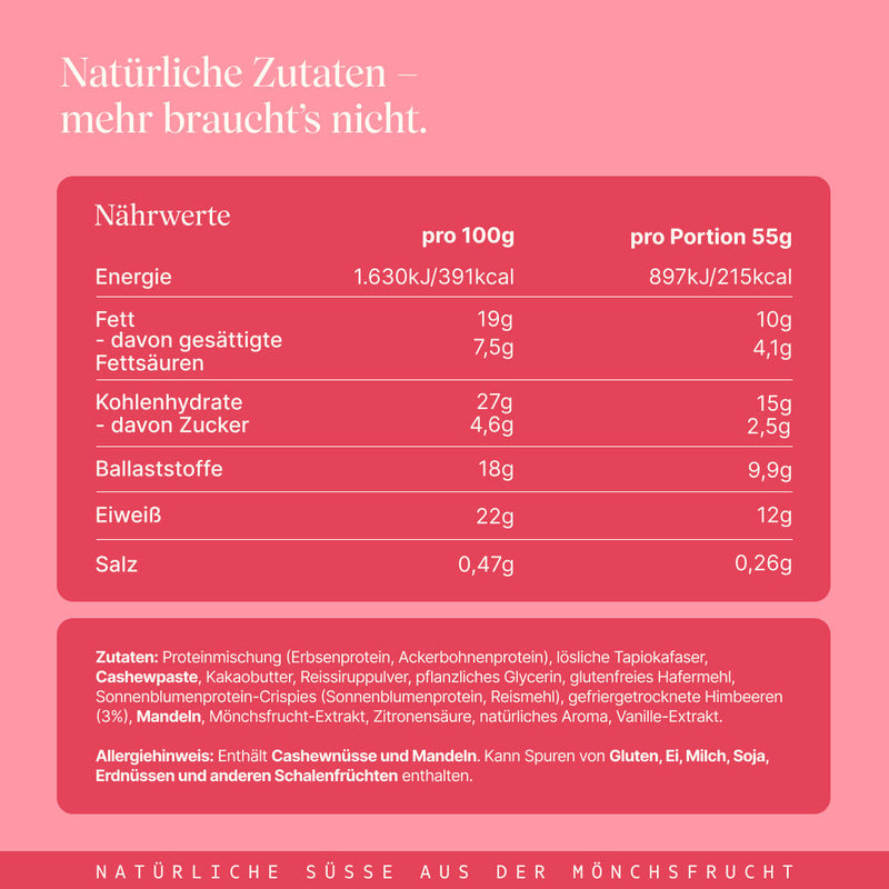 Vetain Crispy Proteinriegel Berry mit natürlichen Zutaten. Angabe der Nährwerte und Zutaten.