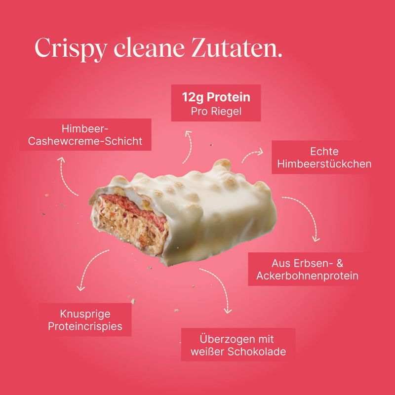 Vetain Crispy Proteinriegel Berry mit crispy cleanen Zutaten. Himbeer-Cashew Cremeschicht, 12g Protein pro Riegel, echte Himbeerstückchen, aus Erbsen- & Ackerbohnenprotein, überzogen mit weißer Schokolade, knusprige Proteincrispies