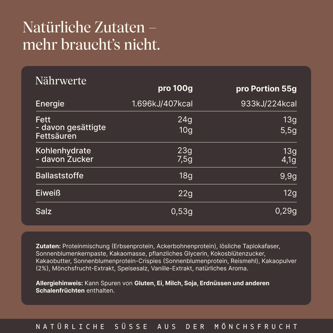 Vetain Crispy Proteinriegel Brownie Fudge mit natürlichen Zutaten. Angabe der Nährwerte und Zutaten.