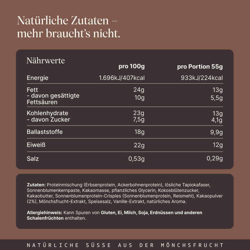 Vetain Crispy Proteinriegel Brownie Fudge mit natürlichen Zutaten. Angabe der Nährwerte und Zutaten.