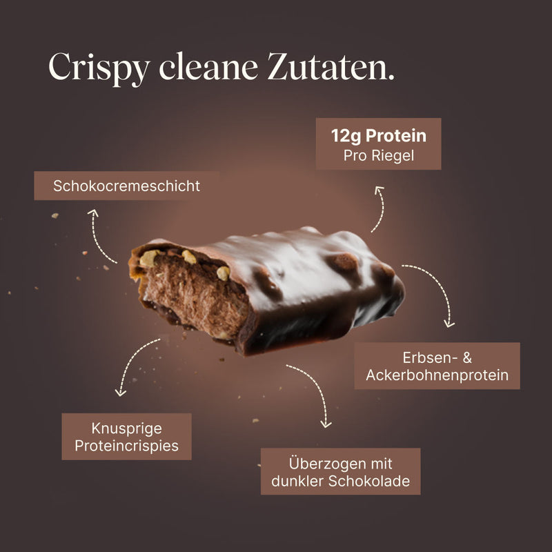 Vetain Crispy Proteinriegel Brownie Fudge mit crispy cleanen Zutaten. Schoko Cremeschicht, 12g Protein pro Riegel, aus Erbsen- & Ackerbohnenprotein, überzogen mit dunkler Schokolade, knusprige Proteincrispies
