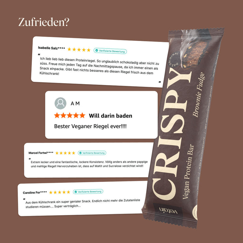 Vetain Crispy Proteinriegel Brownie Fudge glückliche Kund:innen Bewertungen