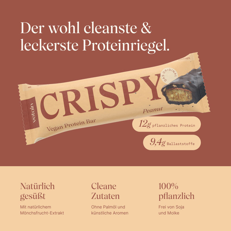 Vetain Crispy Proteinriegel Peanut. Der wohl cleanste & leckerste Proteinriegel. 12g pflanzliches Protein, 9,4g Ballaststoffe. Natürlich gesüßt mit natürlichem Mönchsfrucht-Exkrakt, cleane Zutaten ohne Palmöl und künstliche Aromen, 100% pflanzlich und frei von Soja und Molke