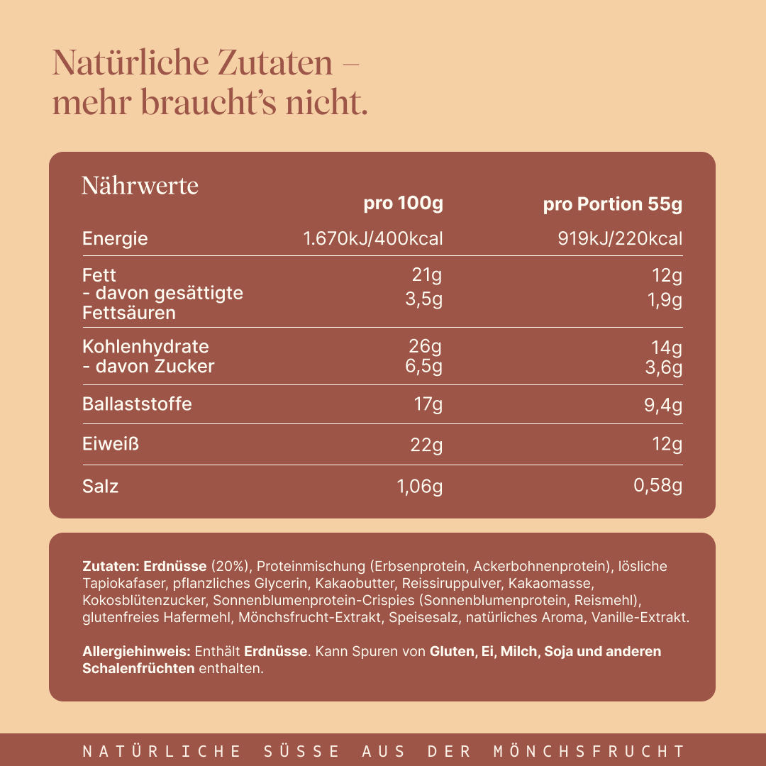 Vetain Crispy Proteinriegel Peanut mit natürlichen Zutaten. Angabe der Nährwerte und Zutaten.