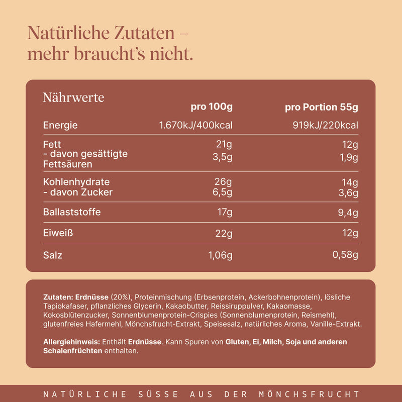 Vetain Crispy Proteinriegel Peanut mit natürlichen Zutaten. Angabe der Nährwerte und Zutaten.