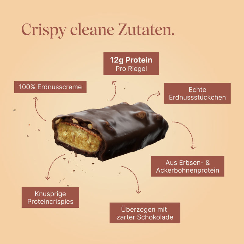 Vetain Crispy Proteinriegel Peanut mit crispy cleanen Zutaten. 100% Erdnuss Cremeschicht, 12g Protein pro Riegel, echte Erdnussstückchen, aus Erbsen- & Ackerbohnenprotein, überzogen mit zarter Schokolade, knusprige Proteincrispies
