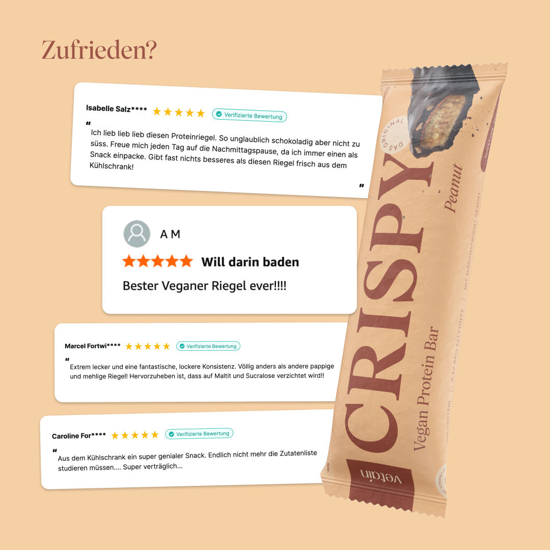 Vetain Crispy Proteinriegel Peanut glückliche Kund:innen Bewertungen