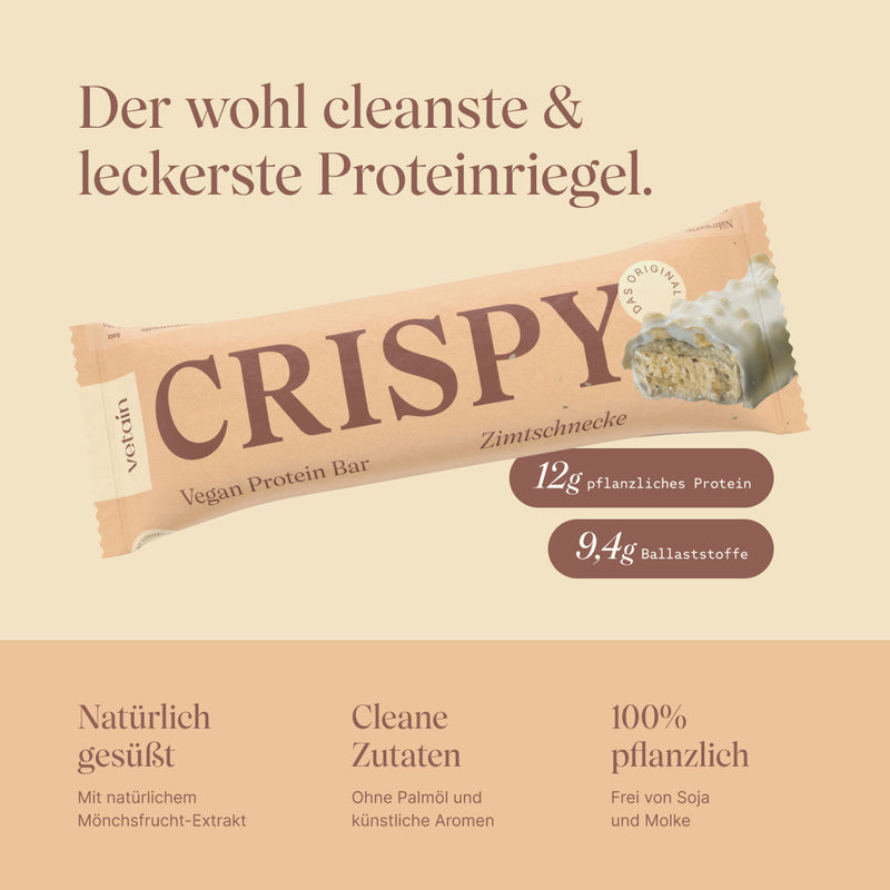 Vetain Crispy Proteinriegel. Der wohl cleanste & leckerste Proteinriegel. 12g pflanzliches Protein, 9,4g Ballaststoffe. NAtürlich gesüßt mit natürlichem Mönchsfrucht-Exkrakt, cleane Zutaten ohne Palmöl und künstliche Aromen, 100% pflanzlich und frei von Soja und Molke