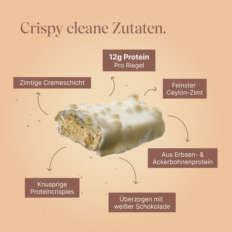 Vetain Crispy Proteinriegel Zimtschnecke mit crispy cleanen Zutaten. Zimtige Cremeschicht, 12g Protein pro Riegel, feinster Ceylon-Zimt, aus Erbsen- & Ackerbohnenprotein, überzogen mit weißer Schokolade, knusprige Proteincrispies