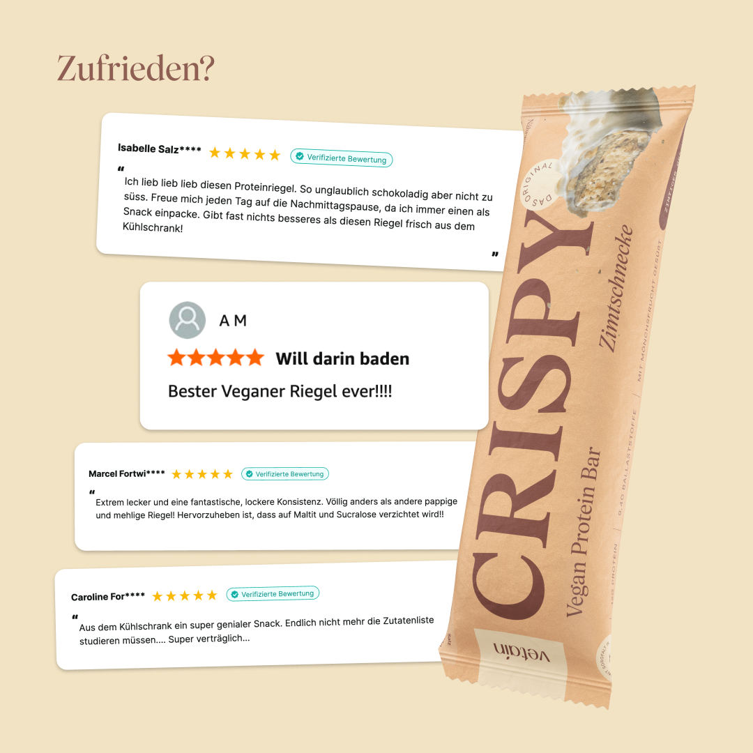 Vetain Crispy Proteinriegel Zimtschnecke glückliche Kund:innen Bewertungen