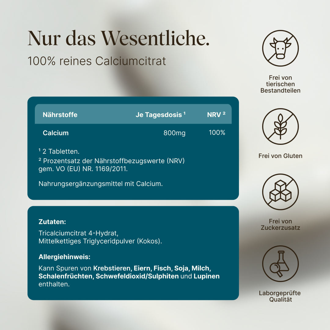 Vetain Calcium Tabletten mit nur den wesentlichen Zutaten: Calcium. Frei von tierischen Bestandteilen, Frei von Gluten, frei von Zuckerzusatz laborgeprüfte Qualität