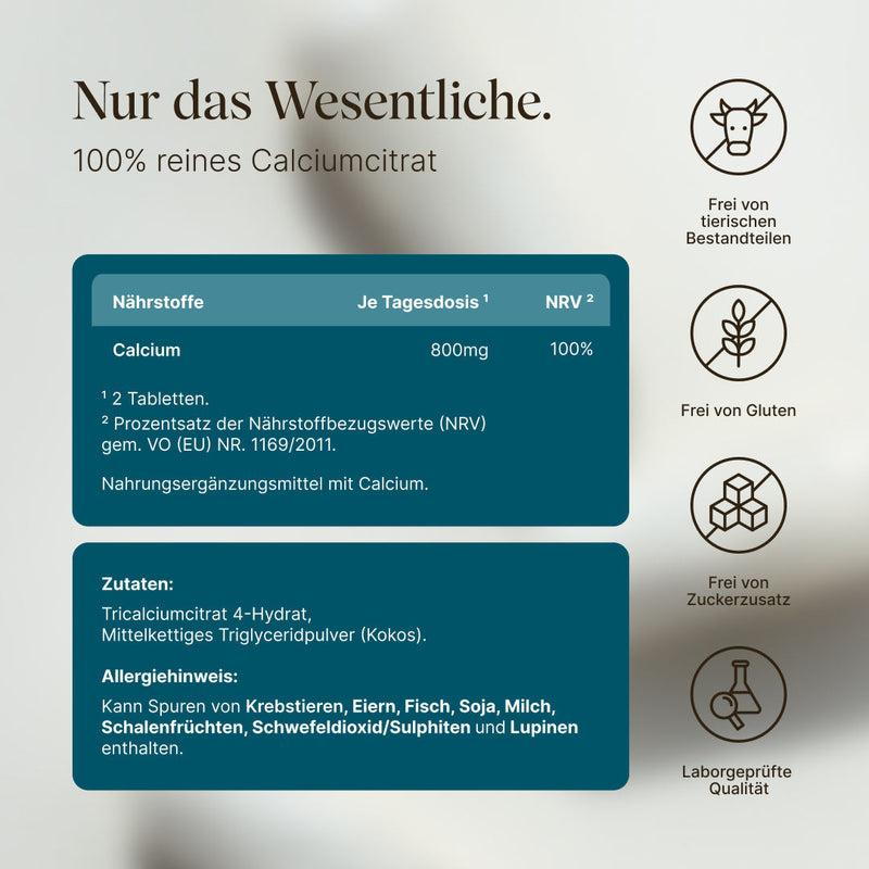 Vetain Calcium Tabletten mit nur den wesentlichen Zutaten: Calcium. Frei von tierischen Bestandteilen, Frei von Gluten, frei von Zuckerzusatz laborgeprüfte Qualität