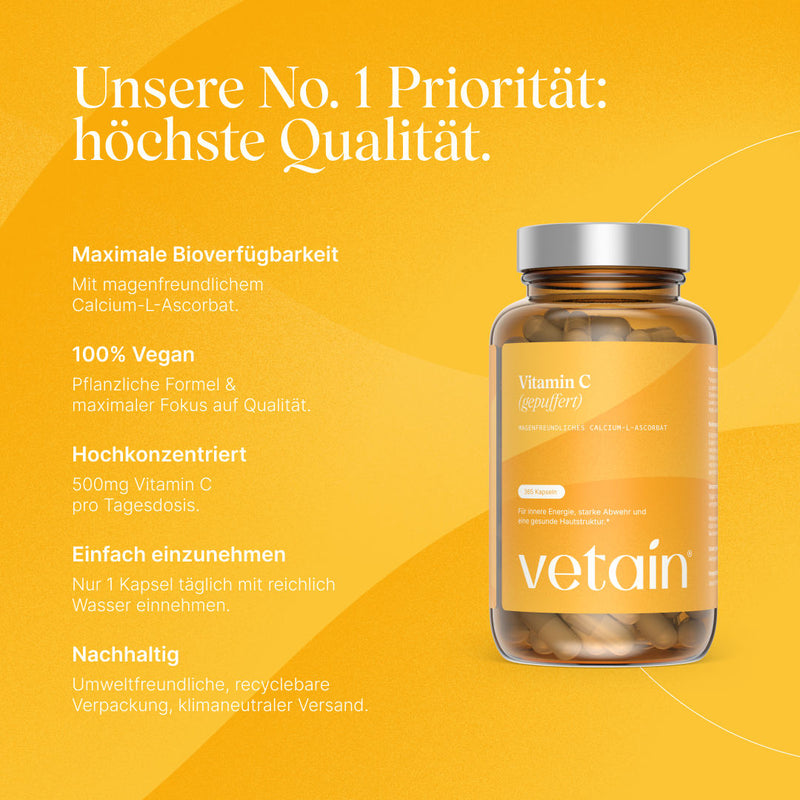 Vetain Vitamin C (gepuffert) in höchster Qualität. Maximale Bioverfügbarkeit, 100% vegan, hochkonzentriert, einfach einzunehmen, nachhaltig verpackt und versendet