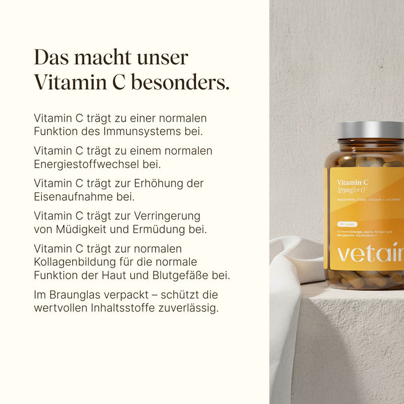 Vetain Vitamin C (gepuffert) für das Immunsystem, den Energiestoffwechsel, zur Verringerung von Müdigkeit, für eine normale Kollagenbildung