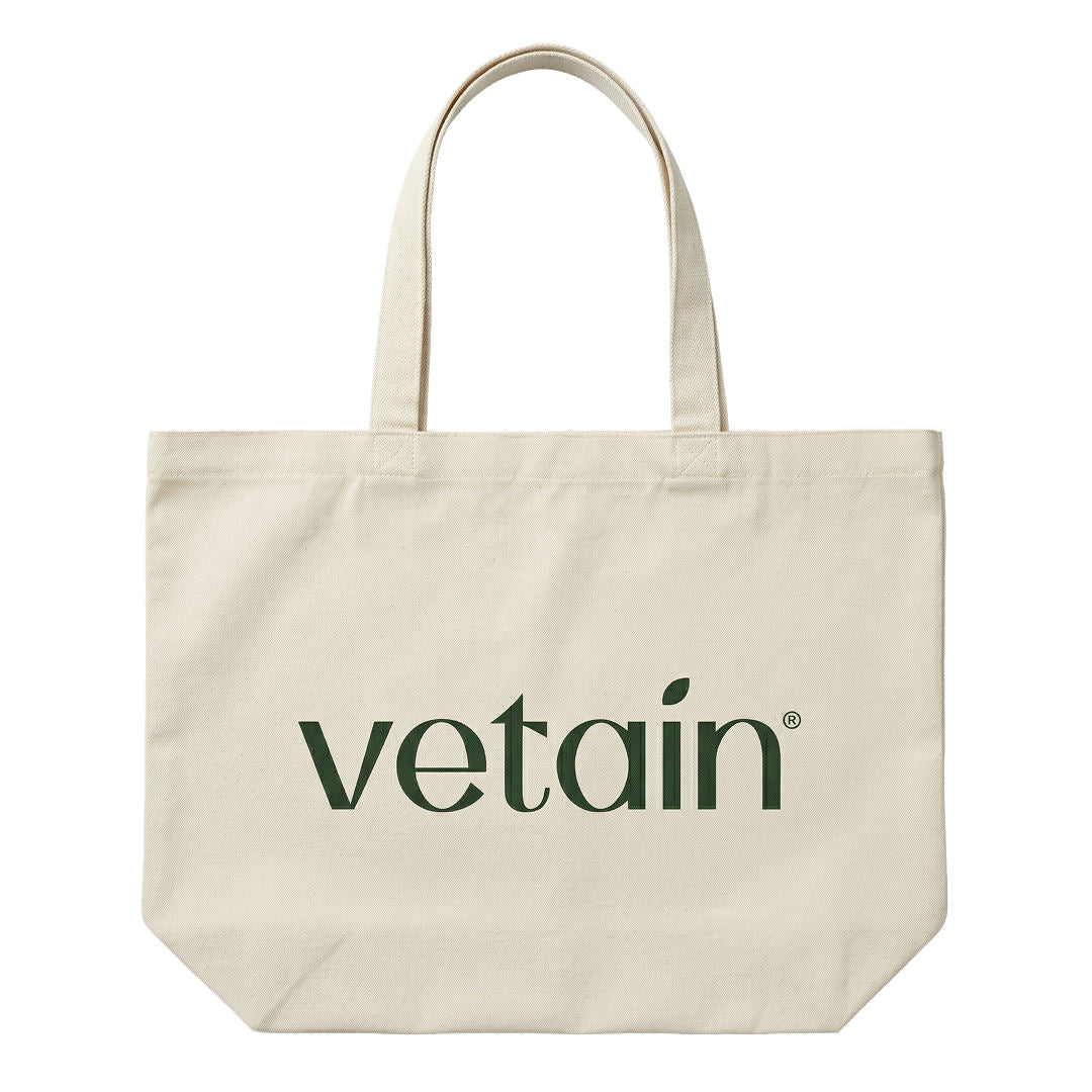 Vetain Jutebeutel in Naturfarbe mit grünem Vetain-Logo und langen Henkeln – Produktansicht von vorne