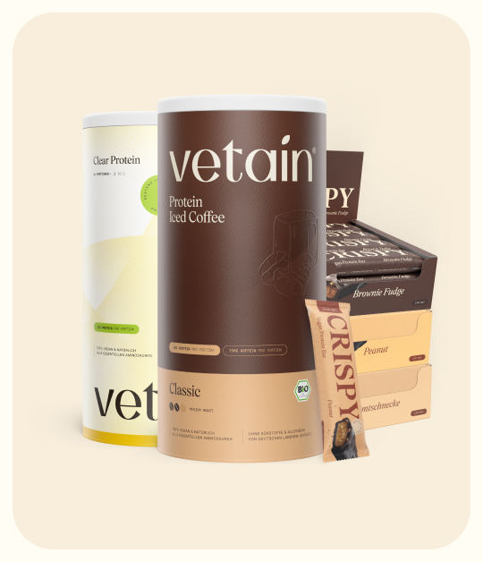 Vetains Bestseller Clear Protein Lemon&Lime, Iced-Coffee Proteinpulver, veganer Proteinriegel Brownie, Peanut und Zimtschnecke
