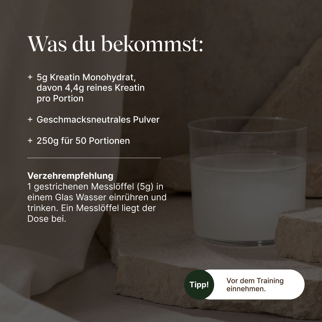 veganes Kreatin Monohydrat: USP's und Verzehrempfehlung: 1 gestrichenen Messlöffel in einem Glas Wasser einrühren und trinken. Ein Messlöffel liegt der Dose bei.