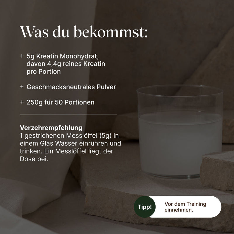 veganes Kreatin Monohydrat: USP's und Verzehrempfehlung: 1 gestrichenen Messlöffel in einem Glas Wasser einrühren und trinken. Ein Messlöffel liegt der Dose bei.