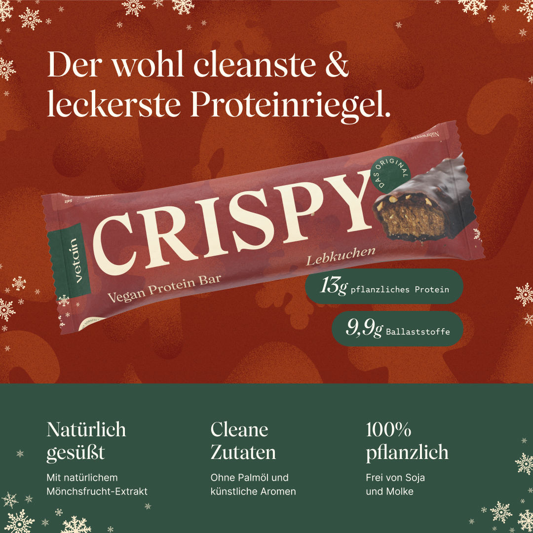 Vetain veganer Crispy Proteinriegel Lebkuchen mit 13g pflanzlichem Protein, 9,9g Ballaststoffen, natürliche Süße aus Mönchsfrucht-Extrakt, ohne Palmöl und künstliche Aromen, frei von Soja und Molke
