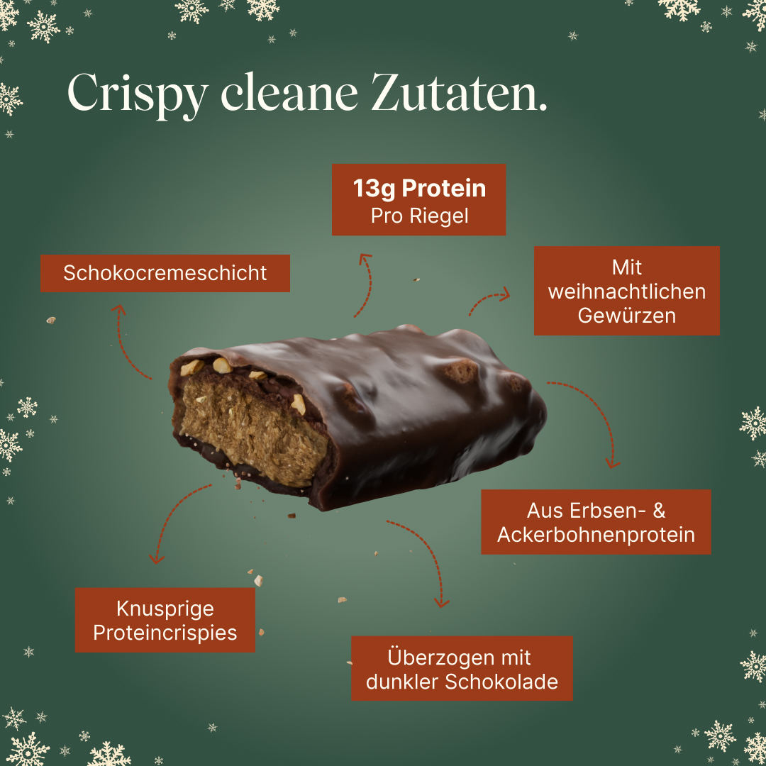 Vetain veganer Crispy Proteinriegel Lebkuchen mit 13g Protein pro Riegel, weihnachtlichen Gewürzen, aus Erbsen- und Ackerbohnenprotein, überzogen mit dunkler Schokolade, knusprige Proteincrispies, Schokocremeschicht