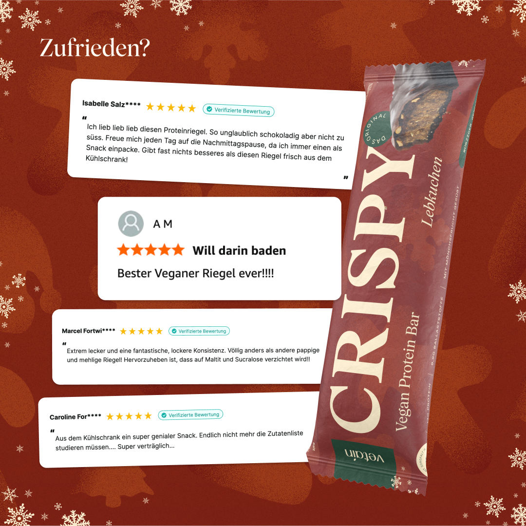 Vetain veganer Crispy Proteinriegel Lebkuchen Bewertungen und Erfahrungen. Screenshots von Kunden Nachrichten