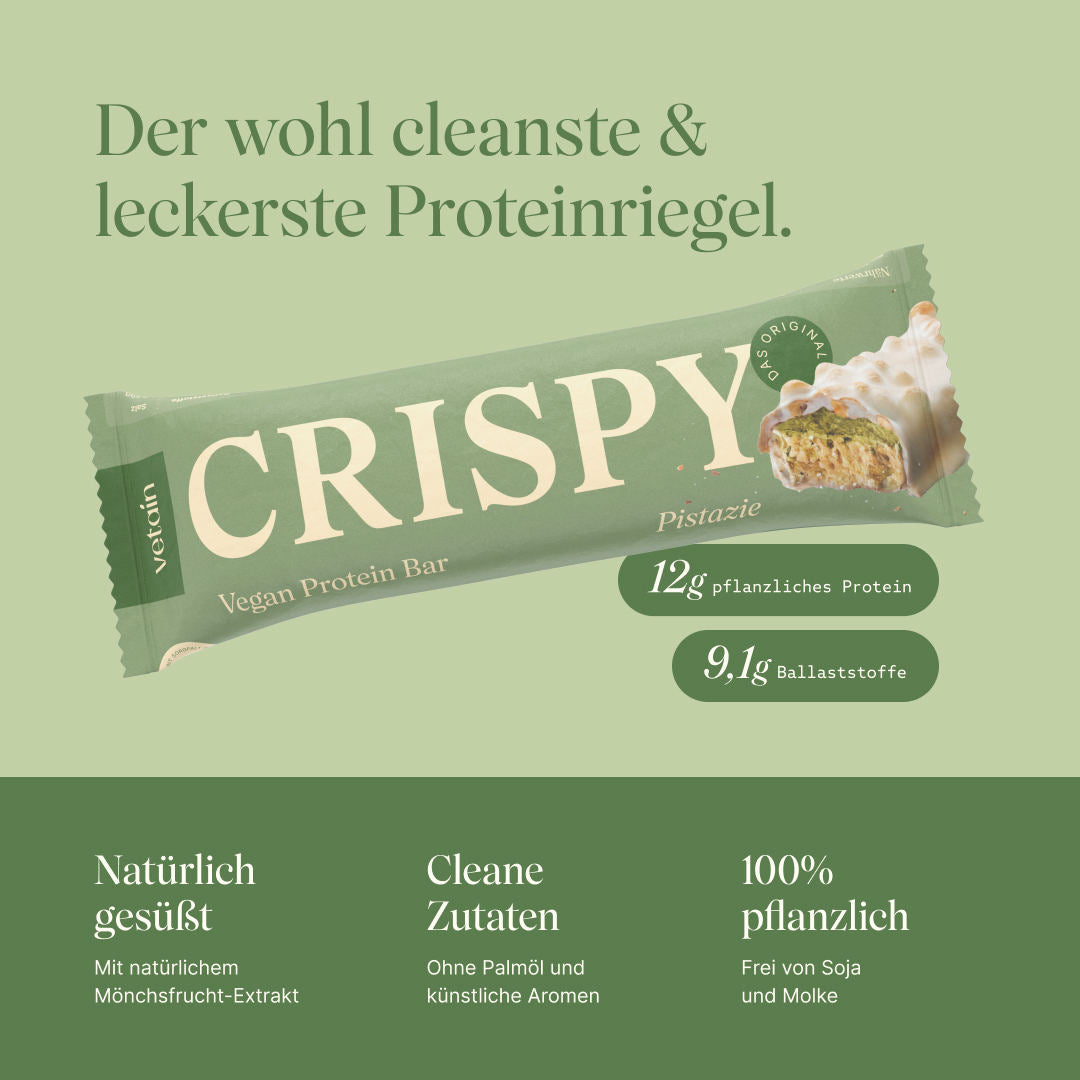 Vetain veganer Proteinriegel Crispy Pistazie  mit 12g pflanzliches Protein und 9,1g Ballaststoffen. Natürlich gesüßt mit Mönchsfrucht-Extrakt, ohne Palmöl und künstliche Aromen, frei von Soja und Molke, 100% pflanzlich