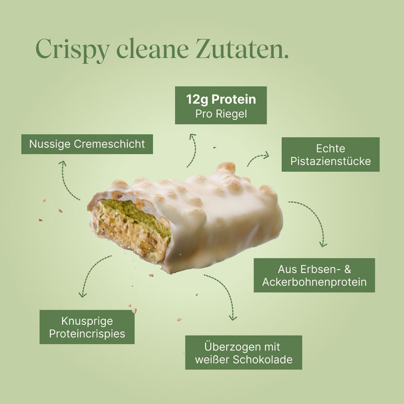 Vetain veganer Proteinriegel Crispy Pistazie mit crispy cleanen Zutaten. 12g Protein pro Riegel, echte Pistazienstücke, aus Erbsen- & Ackerbohnenprotein, überzogen mit weißer Schokolade, knusprige Proteincrispies, nussige Cremeschicht