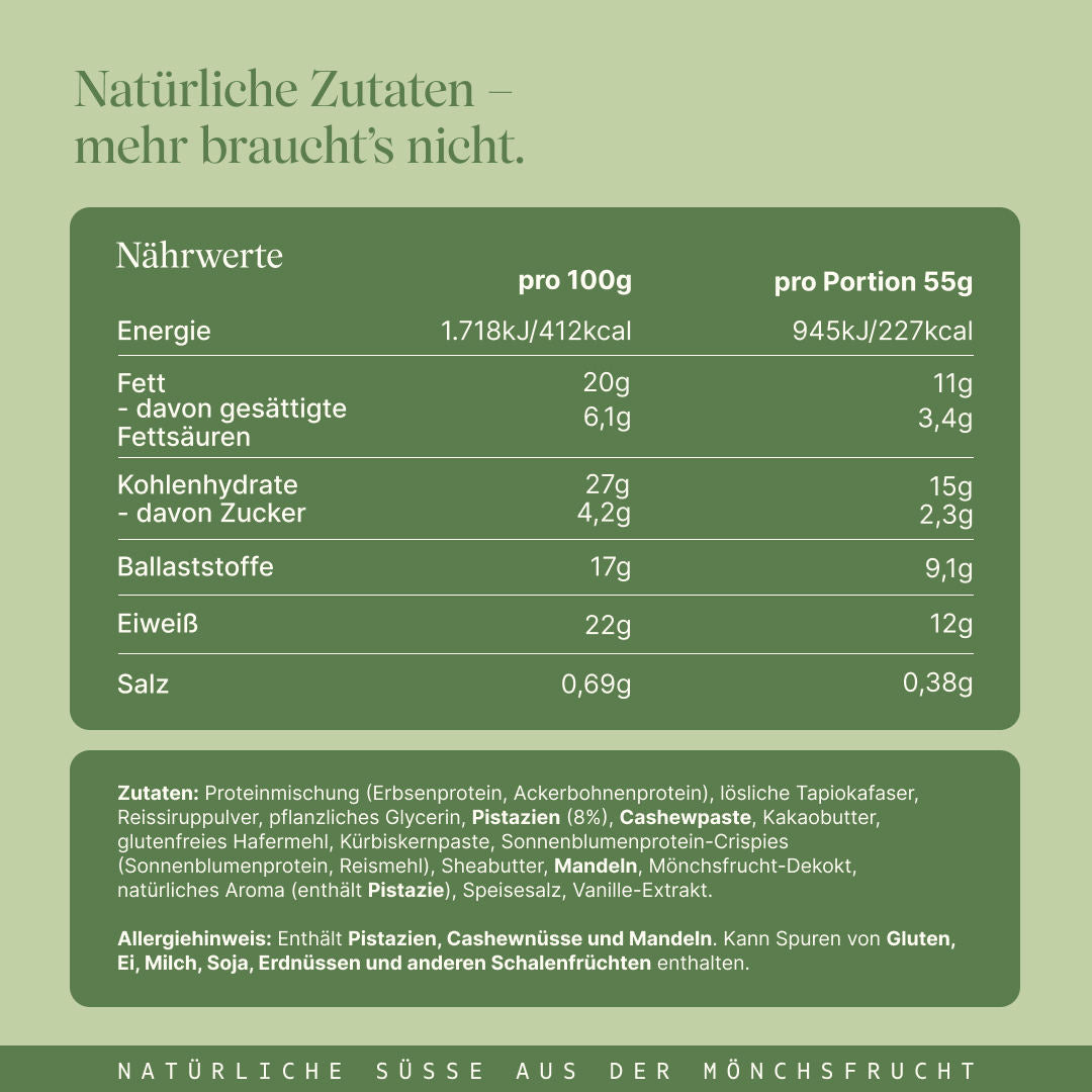 Vetain veganer Proteinriegel Crispy Pistazie mit natürlichen Zutaten und natürlicher Süße aus der Mönchsfrucht. 12g Protein und 227 kcal pro Riegel