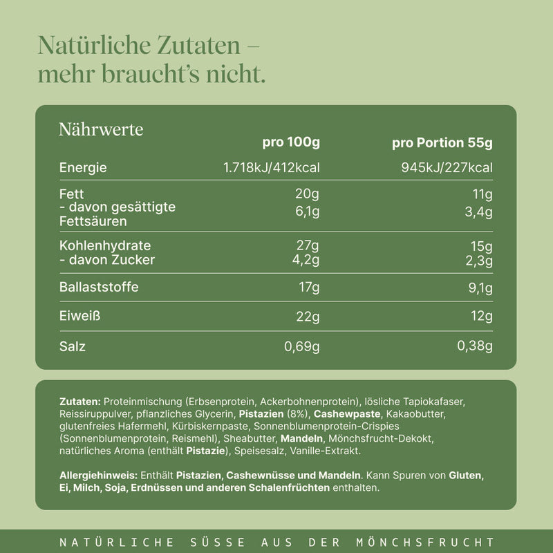 Vetain veganer Proteinriegel Crispy Pistazie mit natürlichen Zutaten und natürlicher Süße aus der Mönchsfrucht. 12g Protein und 227 kcal pro Riegel