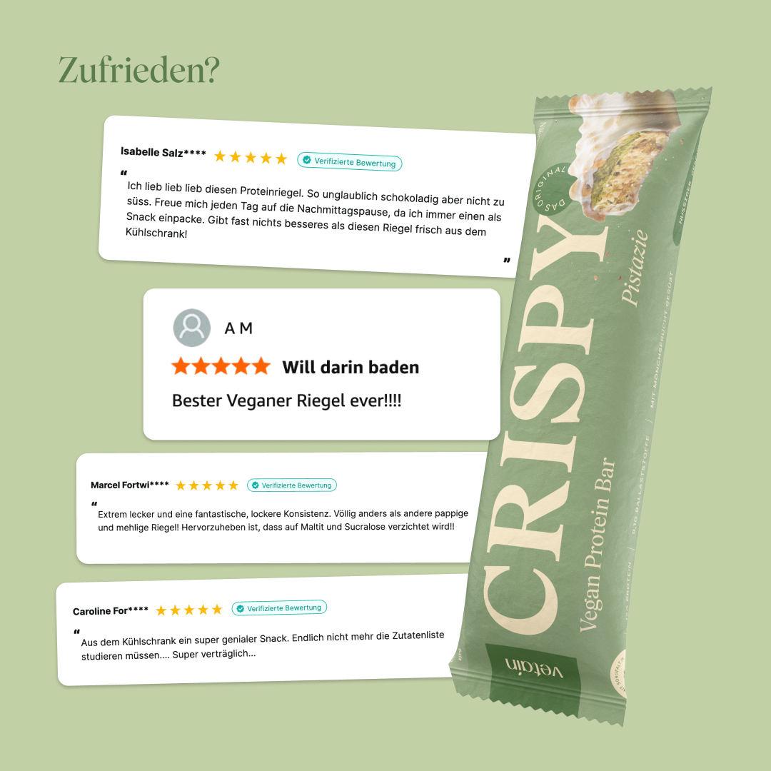 Vetain veganer Proteinriegel Crispy Pistazie glückliche Kund:innenbewertungen