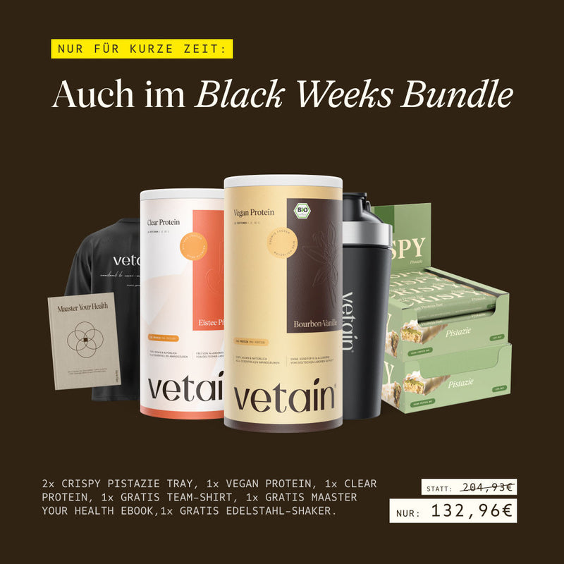 Vetains Tshirt auch im Black Weeks Bundle mit Crispy Pistazie, veganemn Proteinpulver, pflanzlichem Clear Protein, ein Ebook und ein Edelstahl-Shaker für nur 132,96€ statt 204,93€