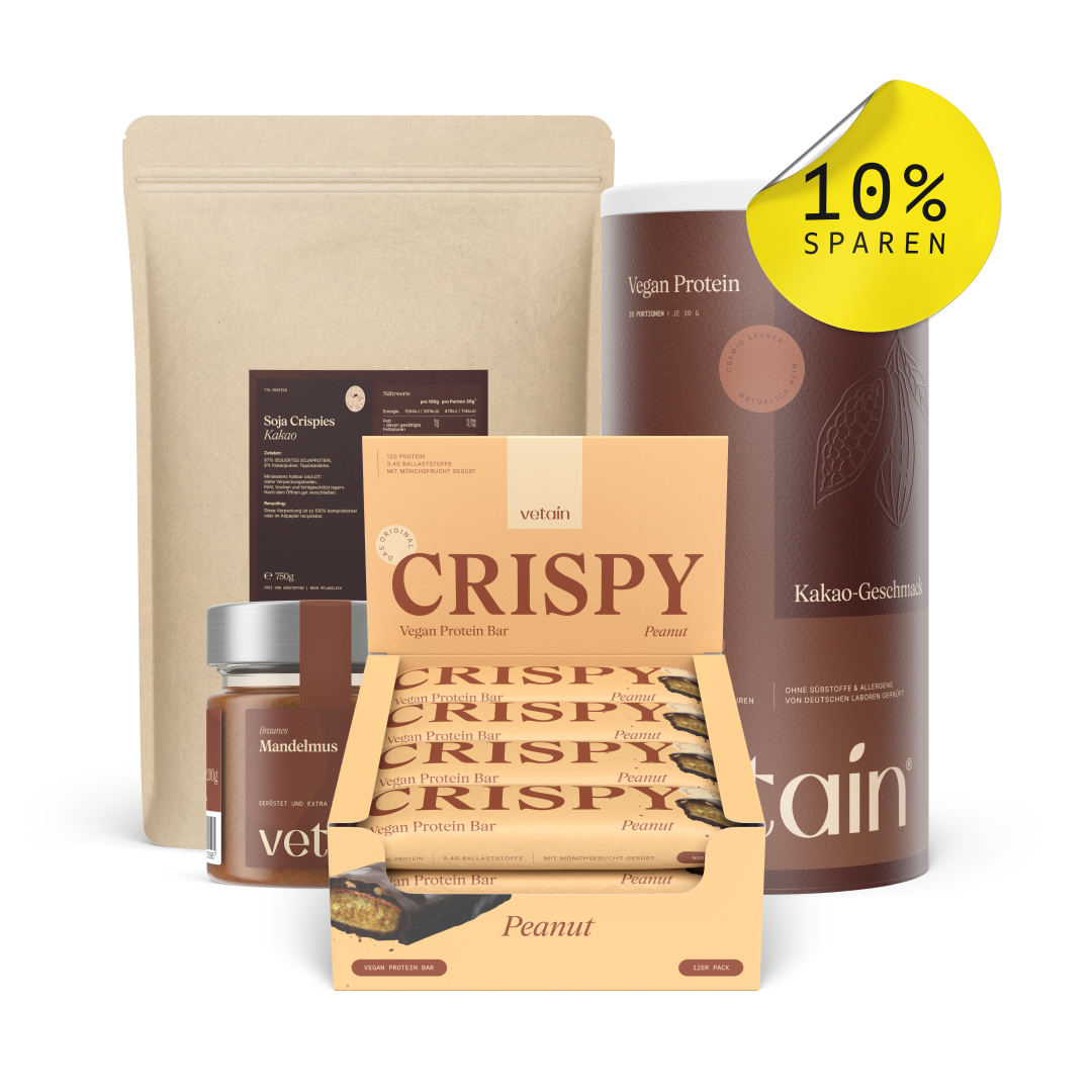 Vetain Bundles Nut & Crunch Crispy Proteinriegel, Proteinpulver vegan Kakao, Bio-Nussmus, Soja Crispies