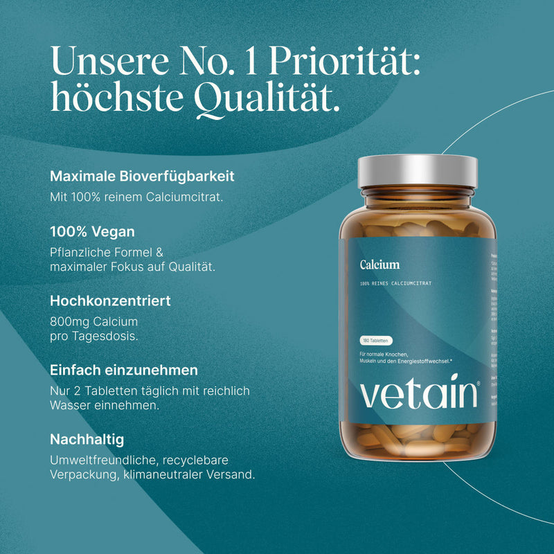 Vetain Calcium Tabletten in höchster Qualität. Maximale Bioverfügbarkeit, 100% vegan, hochkonzentriert, einfach einzunehmen, nachhaltig verpackt und versendet