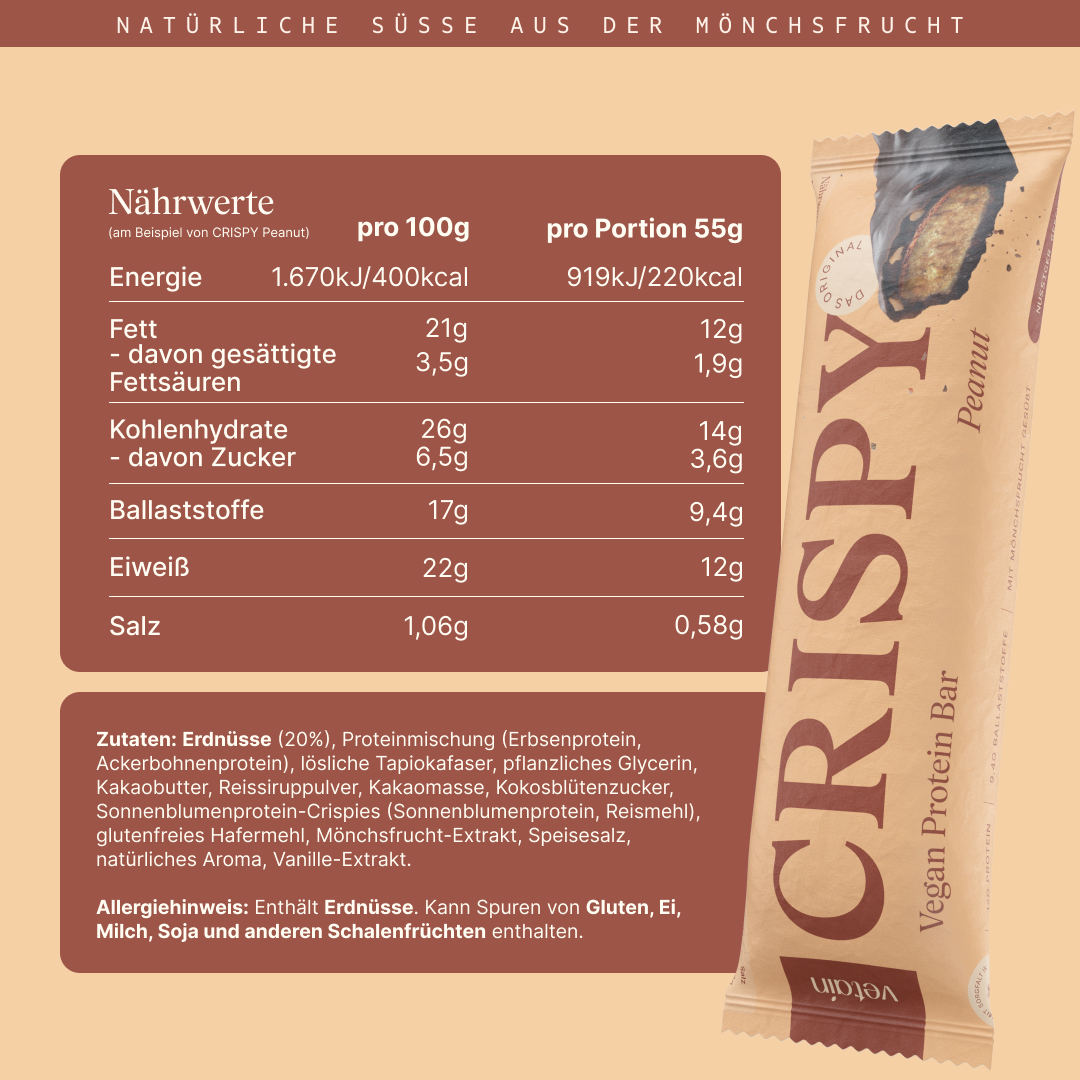Vetain vegane Proteinriegel mit natürlicher Süße aus Mönchsfrucht. 12g Eiweiß pro Riegel