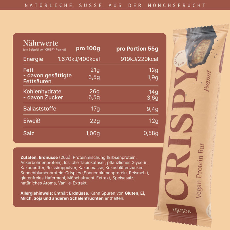 Vetain vegane Proteinriegel mit natürlicher Süße aus Mönchsfrucht. 12g Eiweiß pro Riegel