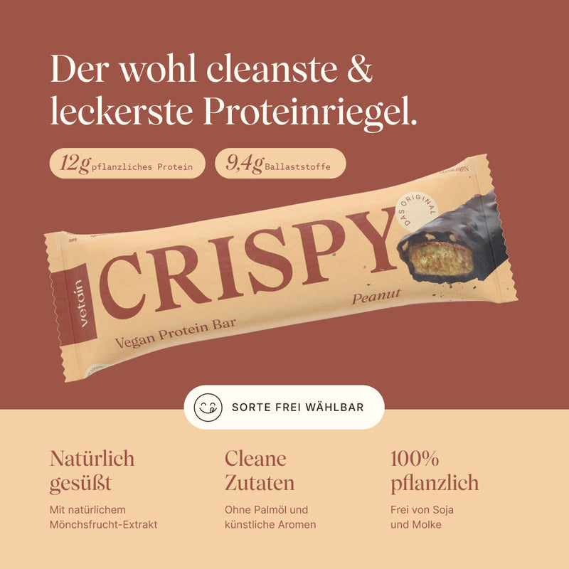 Vetain Proteinriegel vegan mit 12g pflanzliches Protein und 9,4g Ballaststoffen. Natürlich gesüßt mit Mönchsfrucht-Extrakt, cleane Zutaten ohne Palmöl, 100% pflanzlich, frei von Soja und Molke