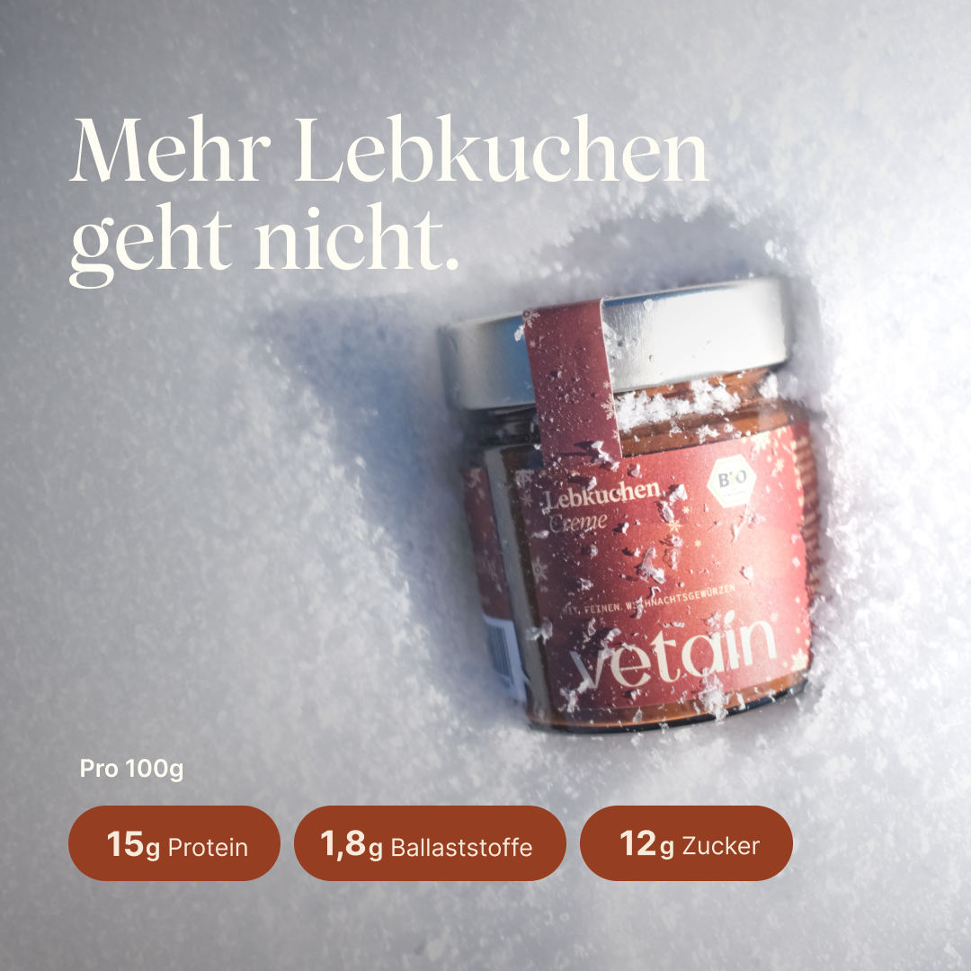 Lebkuchen Creme vegan von Vetain. 15g Protein, 1,8g Ballaststoffe und 12g Zucker pro 100g