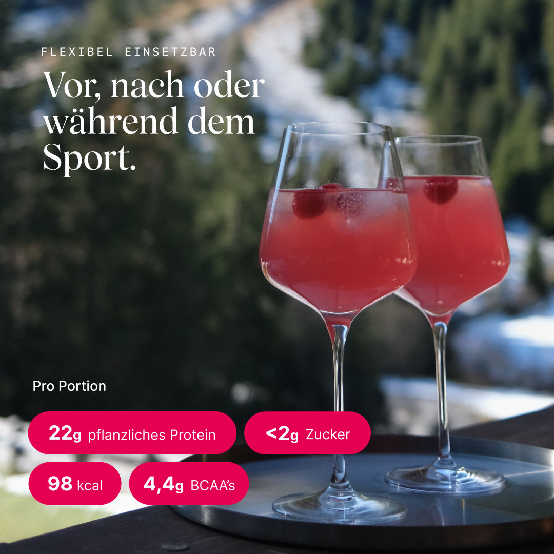 Das Clear Protein von Vetain - flexibel einsetzbar vor nach oder während dem Sport. 22g pflanzliches Protein pro Portion, <2g Zucker, 98kcal und 4,4g BCAA's